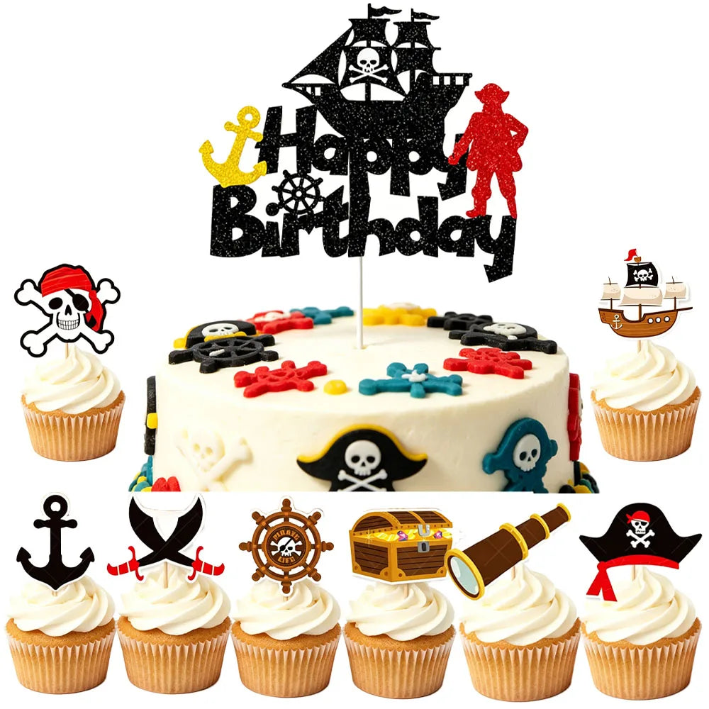 Pirate Birthday Cake Topper Set – Skull, Ship & Treasure Chest Cake Topper Set Babs
