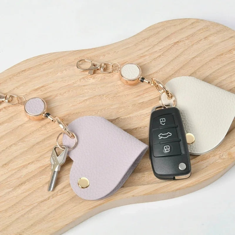 Heart-Shaped Leather Key Bag with Retractable Pull Tab Leather Key Holder Babs