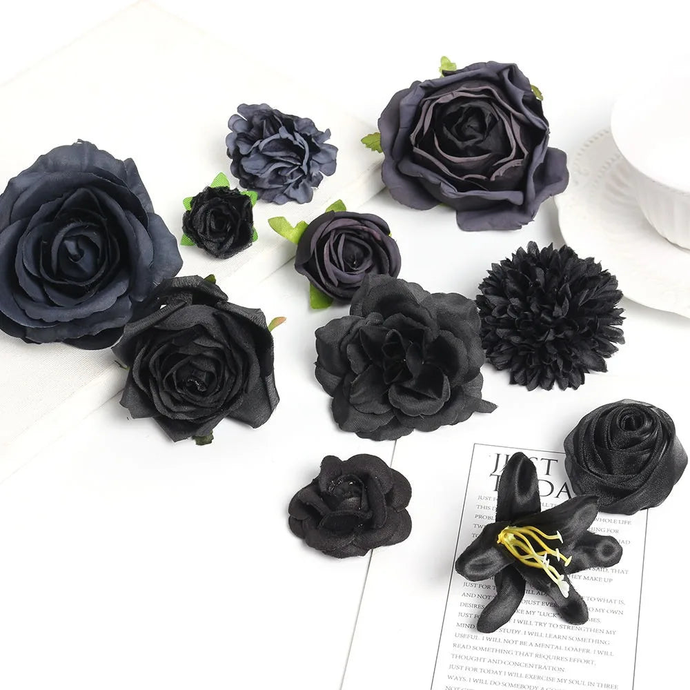 10Pcs Black Silk Artificial Rose Heads – DIY Wedding Decor Artificial Flower Heads Babs