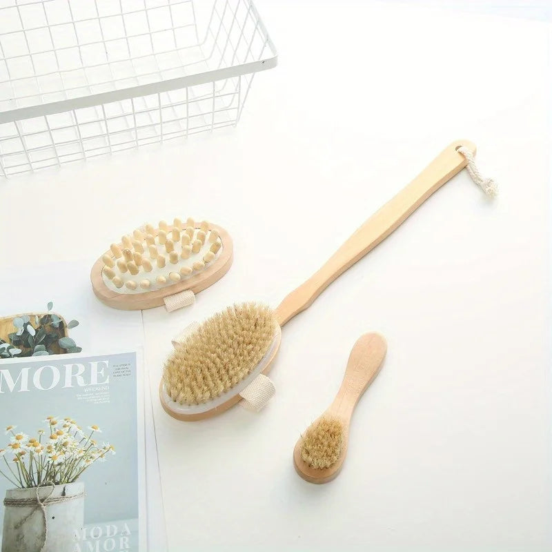 Natural Bristle Body Brush Set – 3-Piece Home Spa Kit Body Brush Set Babs Set of 3