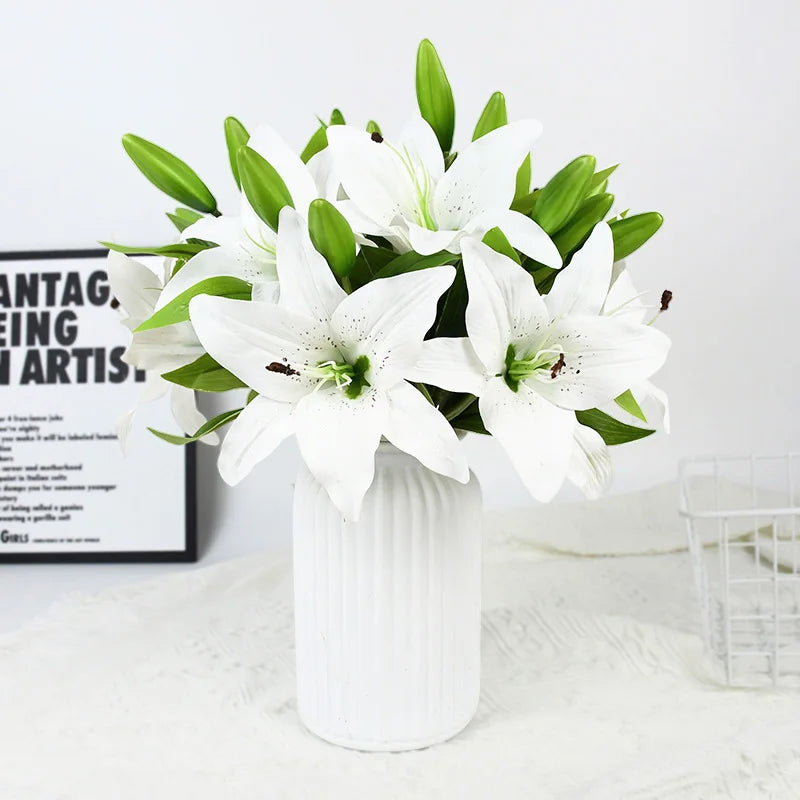 5Pcs White Lily Artificial Flowers 38cm Real Touch Bouquet Artificial Flower Stems Babs White