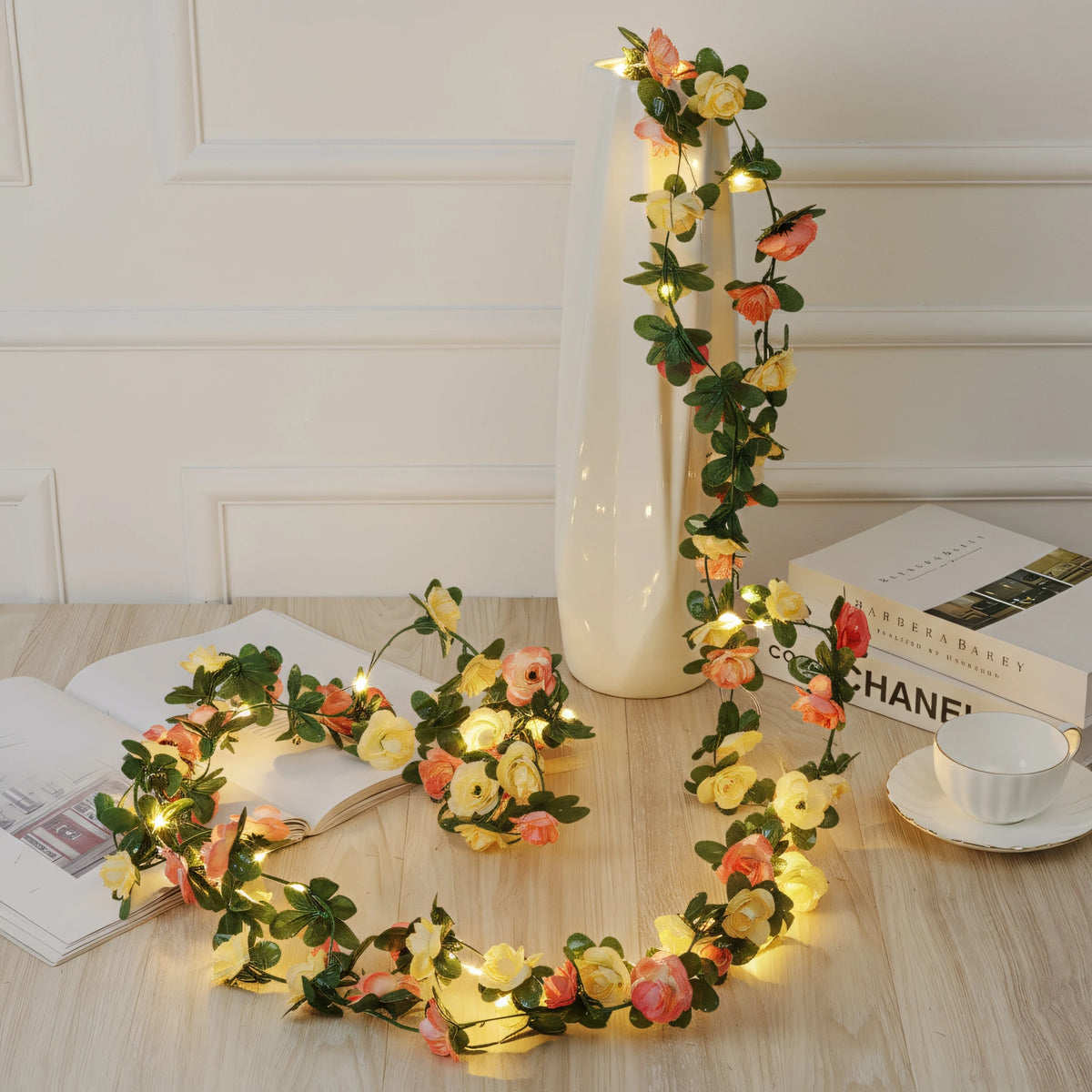Artificial Rose Vine LED String Lights Hanging Garland Decor Floral LED Garland Babs Spring Yellow Button Battery