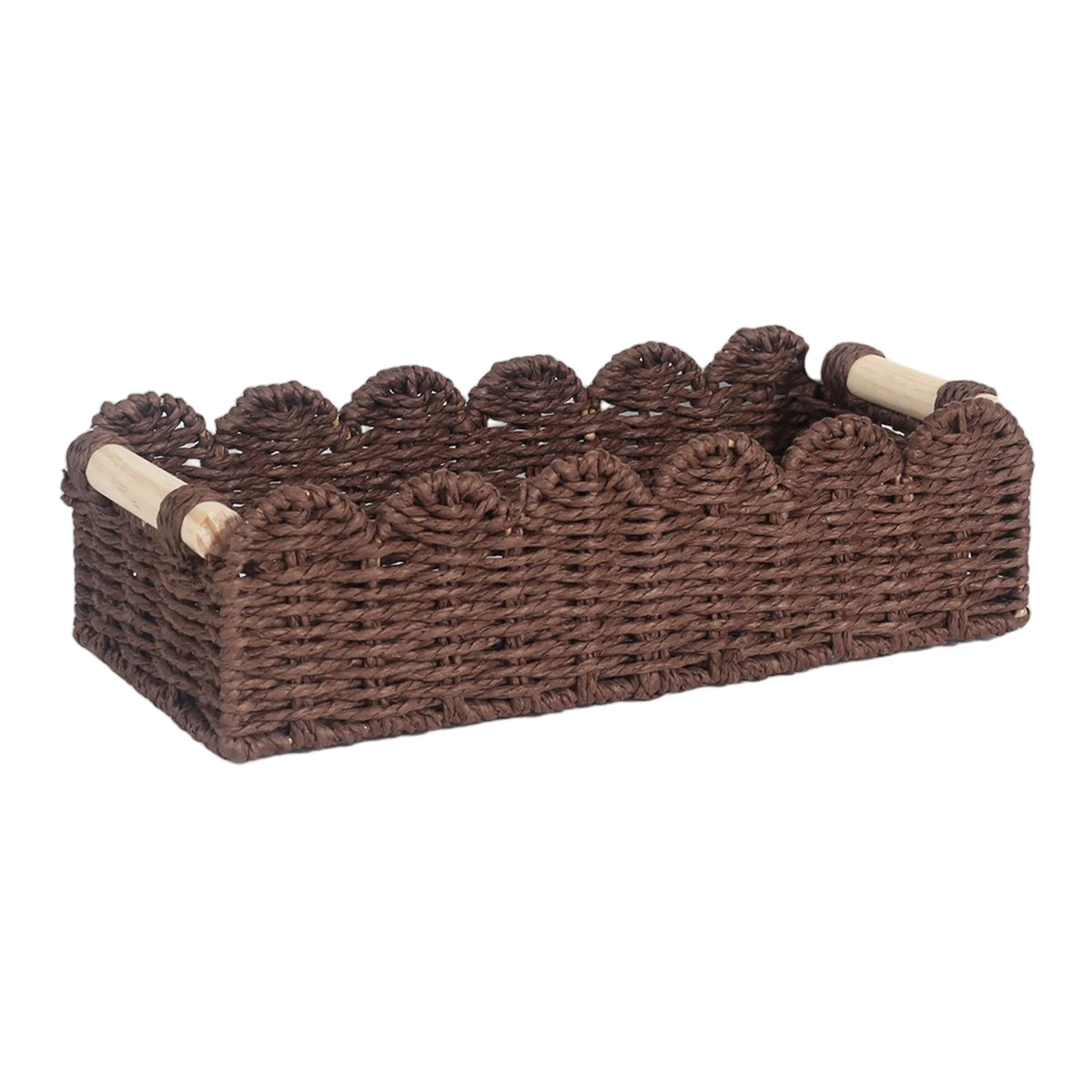 Scalloped Paper Rope Storage Basket with Wooden Handles Woven Storage Basket Babs Brown One Size