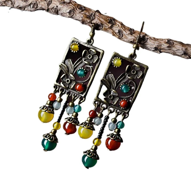 Retro Agate Stone & Copper Flower Long Drop Earrings Drop Earrings Babs