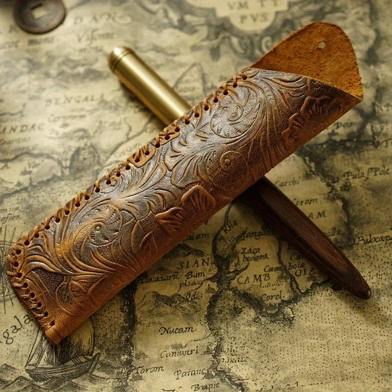 Genuine Leather Pen Pouch – Embossed Floral Cowhide Case Leather Pen Pouch Babs