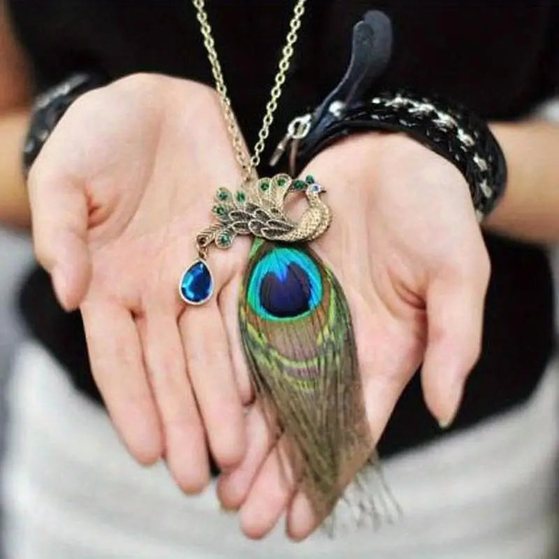 Boho Crystal Peacock Pendant Long Chain Sweater Necklace Pendant Necklace Babs