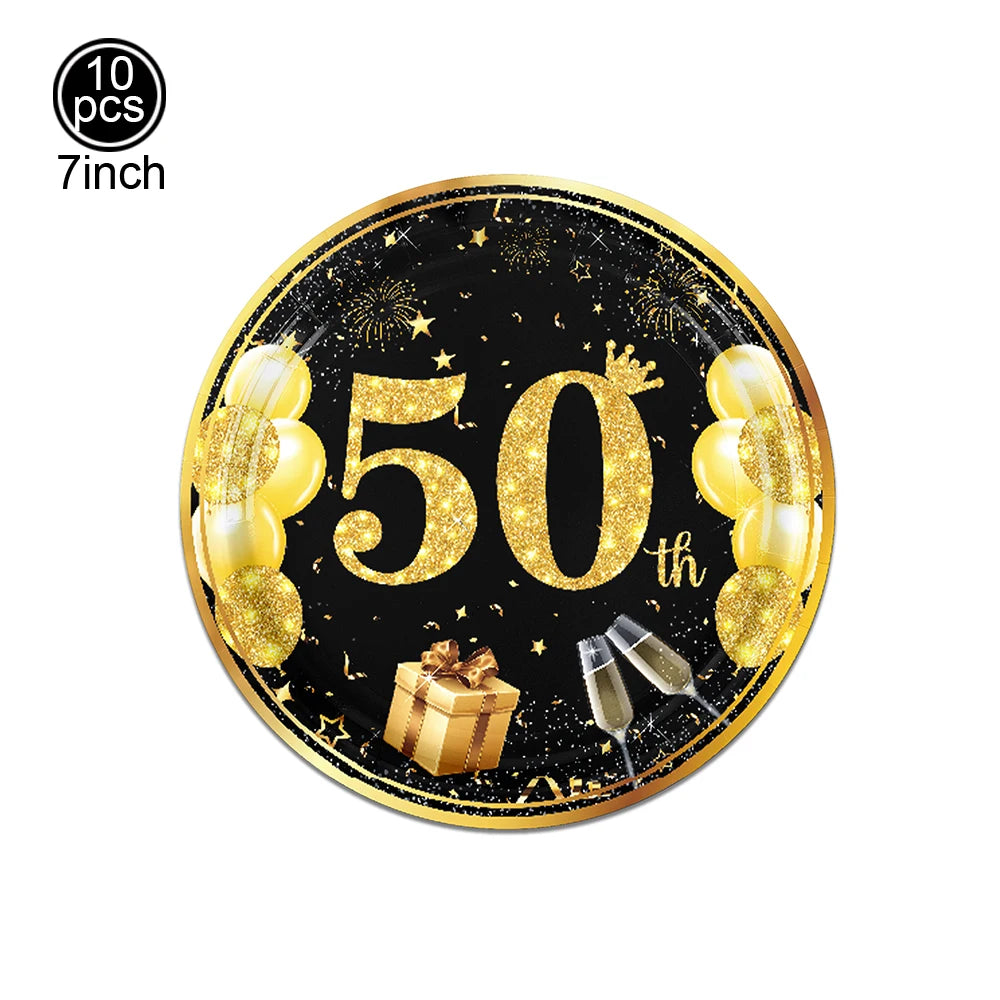 50th Birthday Party Decorations – Black & Gold Tableware Set