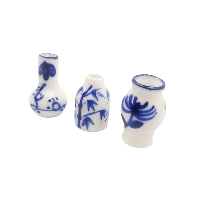 Mini Blue & White Porcelain Vase Set – Dollhouse Décor 3pc Dollhouse Ceramic Ornament Babs