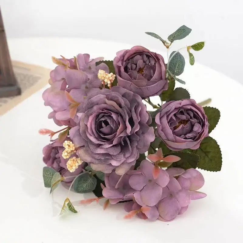 Silk Rose Peony Hydrangea Bouquet – Wedding & Home Decor Artificial Flower Bouquet Babs Purple 1pc