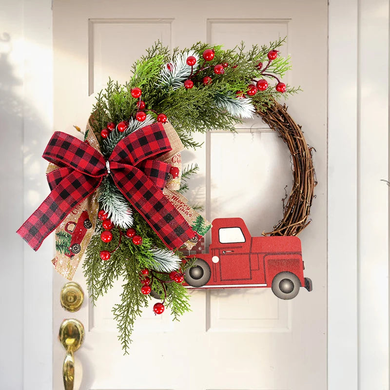 38CM Christmas Door Wreath – Red Berry & Wooden Car Ornament Christmas Door Wreath Babs