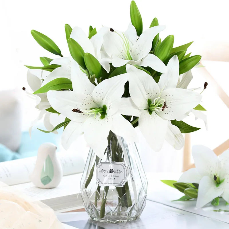5Pcs White Lily Artificial Flowers 38cm Real Touch Bouquet Artificial Flower Stems Babs