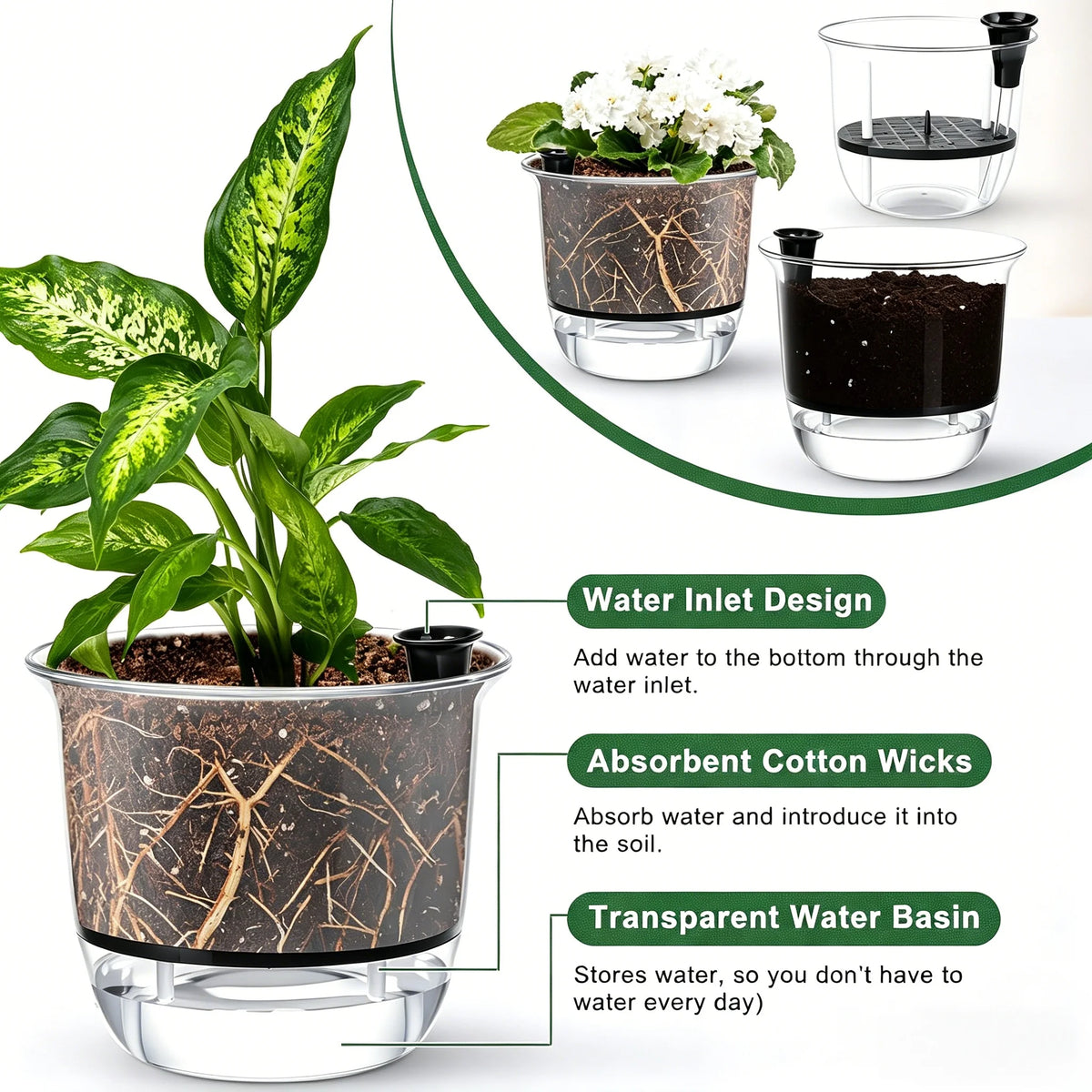 2-Pack Clear Self-Watering Indoor Plant Pots with Deep Reservoir Self-Watering Planter Babs