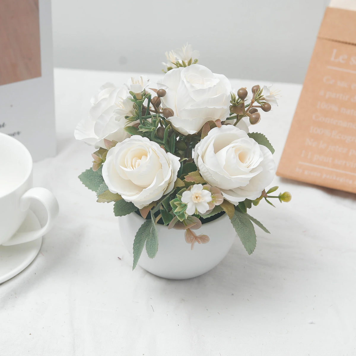 Silk Rose Artificial Flower Bonsai with Vase – Wedding & Home Décor Artificial Flower Bonsai Babs White