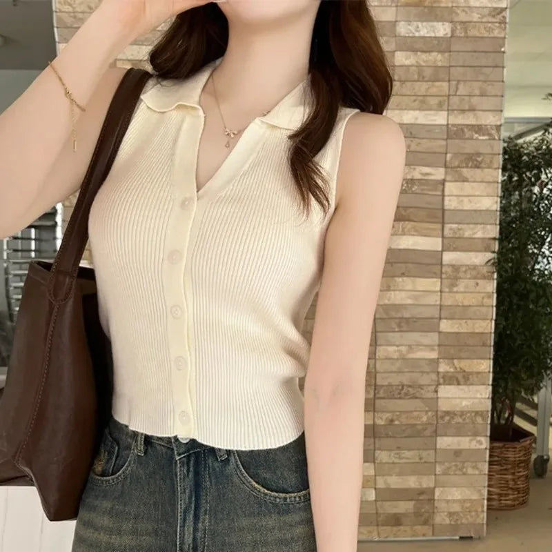 Women's Polo Collar Knit Vest – Slim Fit Sleeveless Button-Up Knit Vest Top Babs