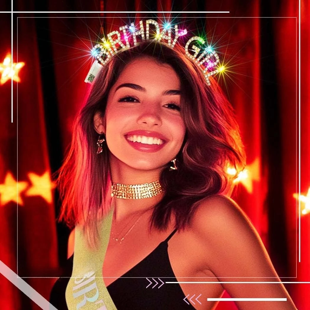 Light Up Birthday Crown & Sash Set – LED Rhinestone Headband Party Crown Sash Set Babs