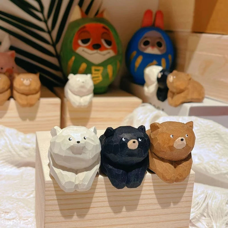 Hand-Carved Solid Wood Bear Ornament – Cute Desktop Décor Wood Bear Figurine Babs