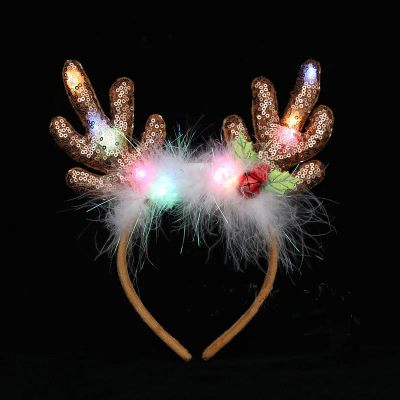 LED Reindeer Headband – Sequin Feather Bell Christmas Hairband LED Holiday Headband Babs mix colors
