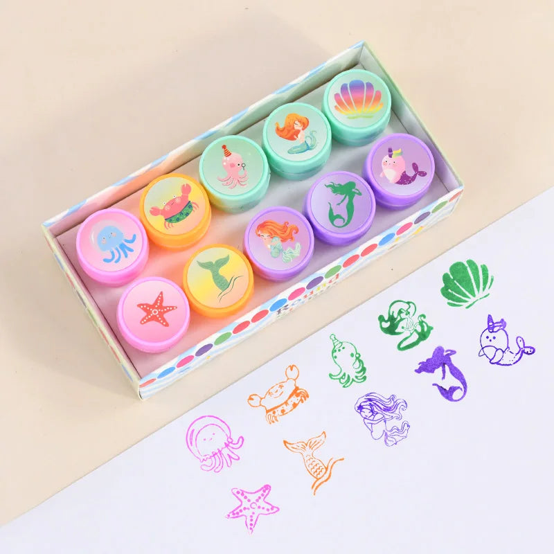 10-Pack Unicorn Mermaid Self-Ink Stamps – Kids Party Favors Self-Ink Craft Stamps Babs Mermaid