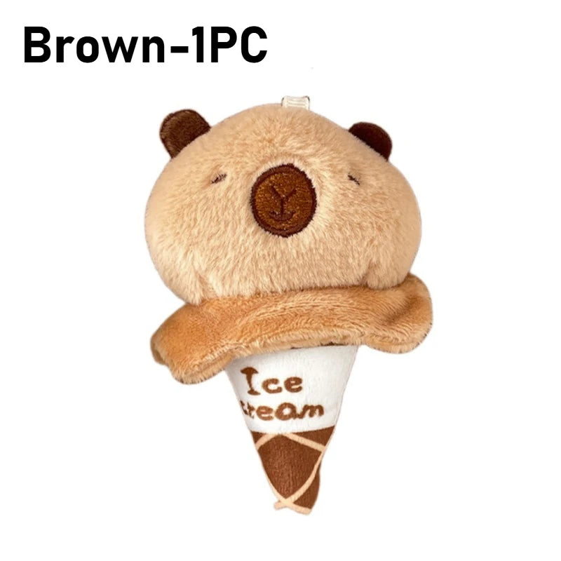 Capybara Plush Keychain Ice Cream Cone Stuffed Animal Bag Charm Plush Keychain Charm Babs Brown-1PC