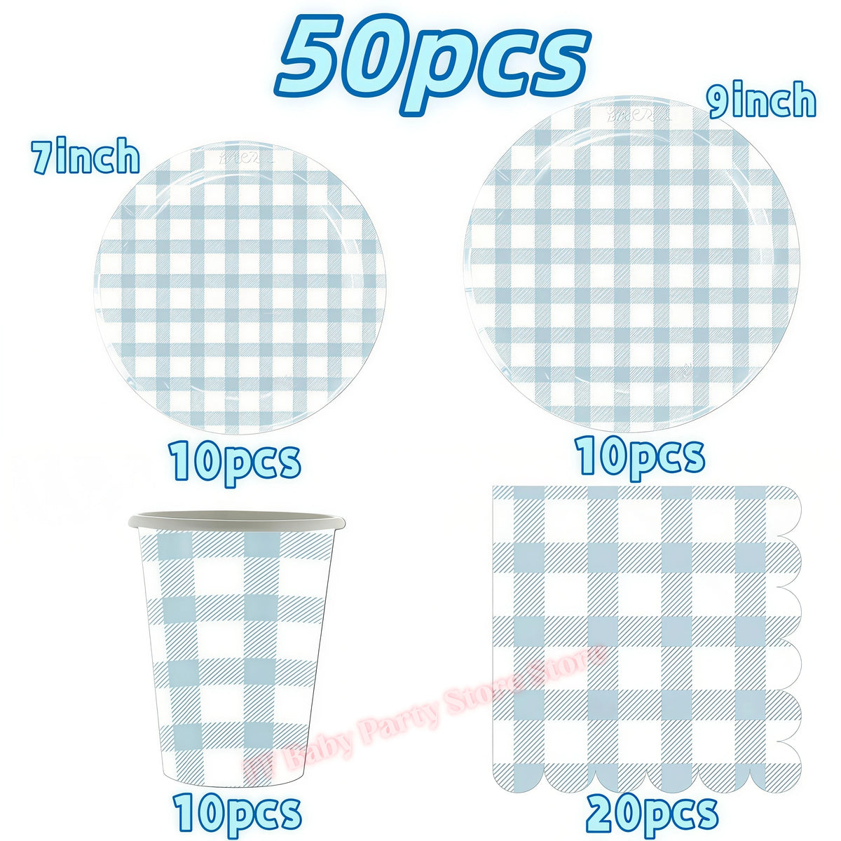 Blue Grid Birthday Party Supplies – Plates, Cups & Napkins Set Party Tableware Set Babs 50pcs others