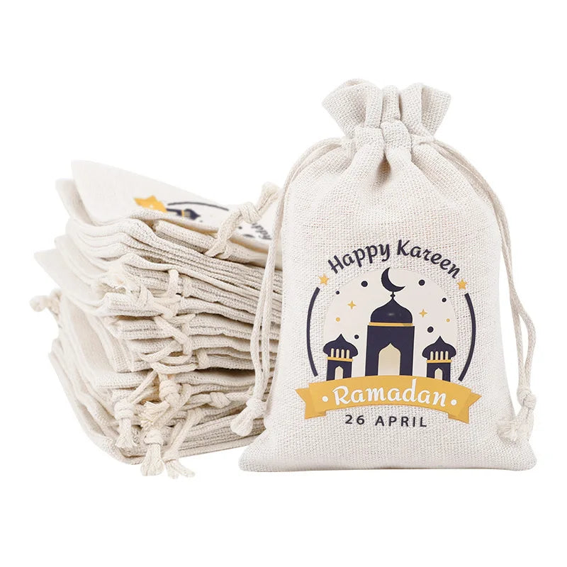 10Pcs Ramadan Linen Drawstring Gift Bags – Eid Mubarak Party Holiday Gift Bags Babs B 15x10cm