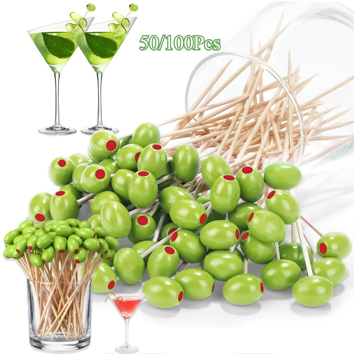 3D Olive Bamboo Cocktail Picks – Party & BBQ Toothpicks Cocktail Party Picks Babs