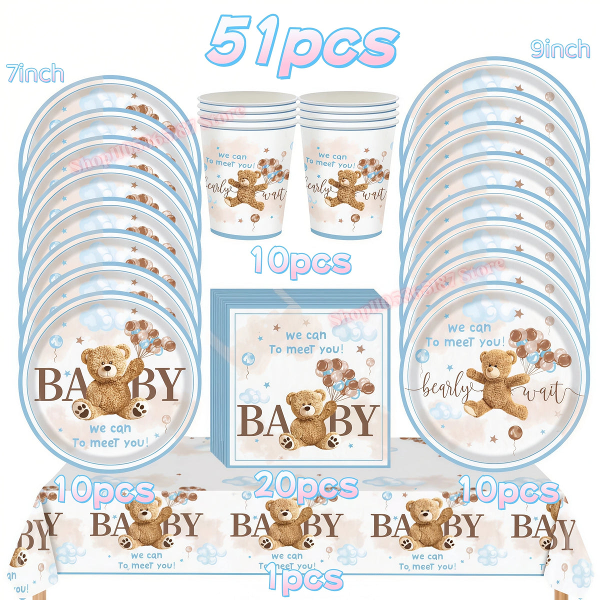 Bear Birthday Party Decoration Set – Plates, Napkins & Banner Party Decoration Set Babs 51pcs others