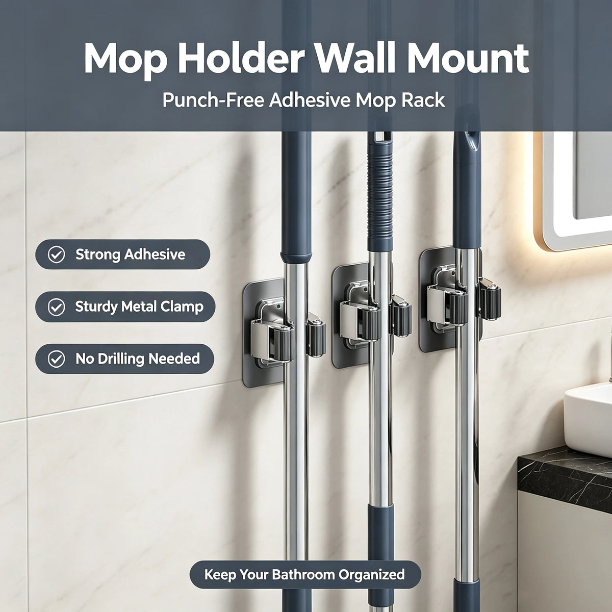 Stainless Steel Mop & Broom Wall Hook – Self-Adhesive Rack Wall Organizer Hook Babs