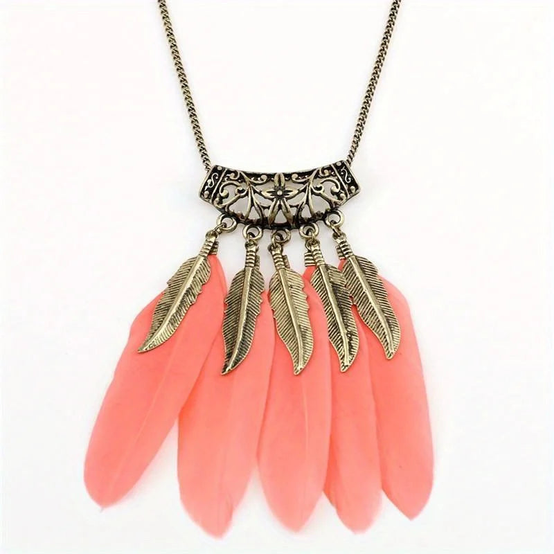 Retro Leaf & Feather Long Sweater Chain Necklace for Women Sweater Chain Necklace Babs