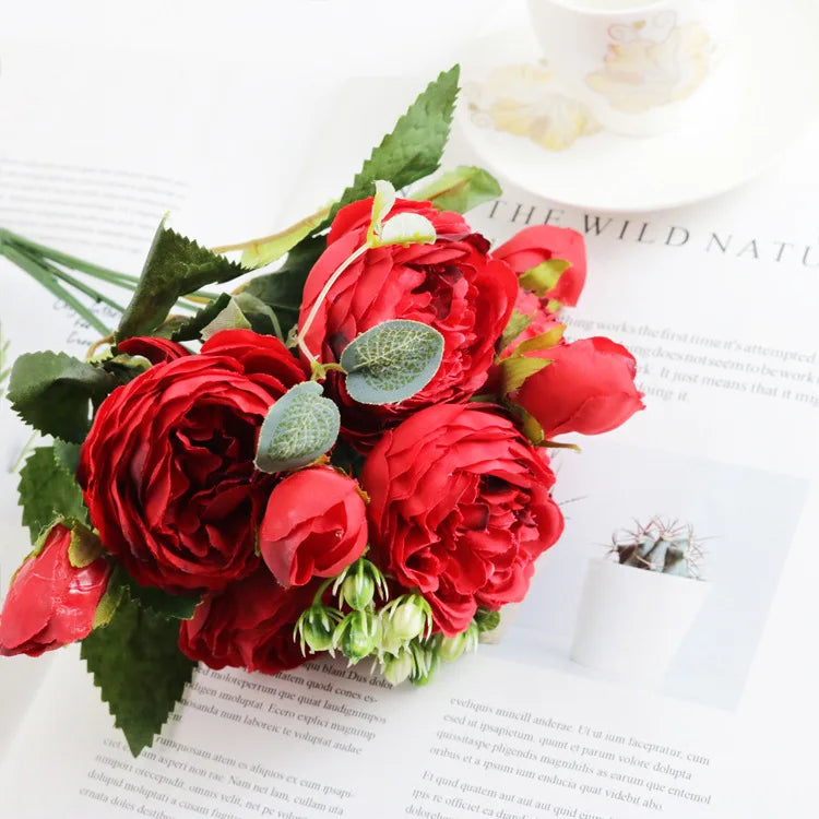 Silk Peony Rose Artificial Bouquet – Wedding & Home Décor Artificial Flower Bouquet Babs red
