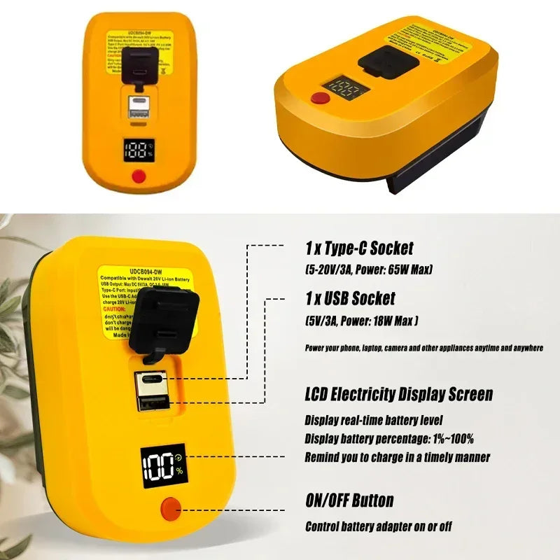 60W Dewalt Battery Adapter Charger | 18V 20V 60V USB Type-C Battery Charger Adapter Babs