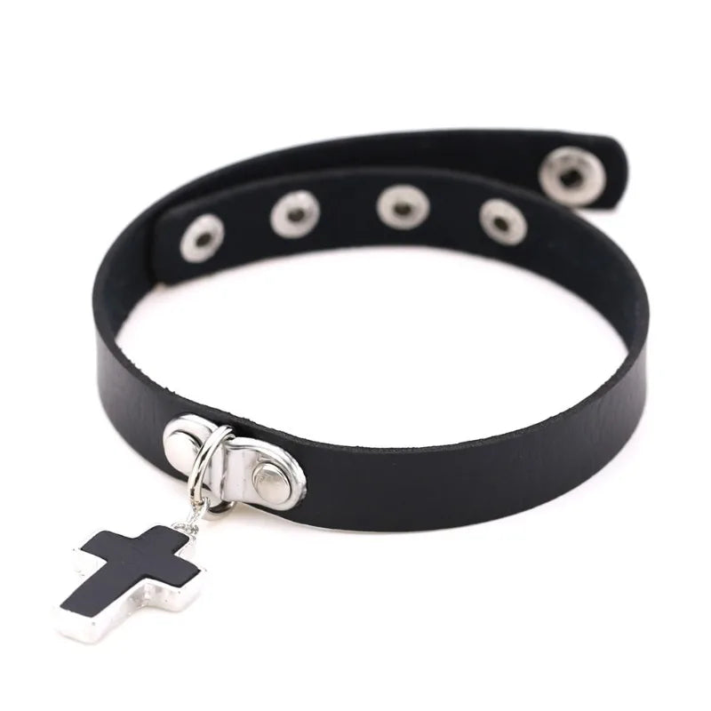 Black Cross Gothic Choker Necklace – PU Leather Punk Style Gothic Choker Necklace Babs