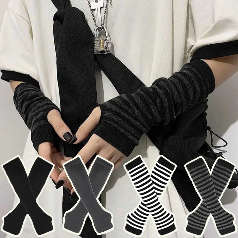 Y2K Gothic Fingerless Arm Warmers – Striped Punk Elbow Gloves Fingerless Arm Warmers Babs