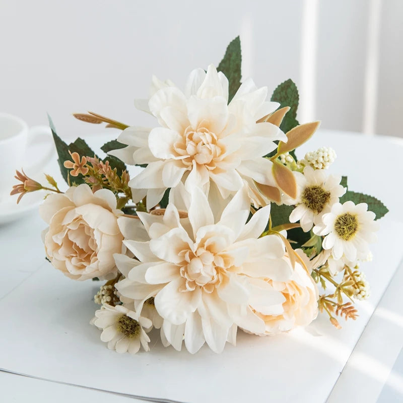 Silk Artificial Dahlia Rose Daisy Bouquet – Wedding & Home Decor Artificial Silk Flowers Babs
