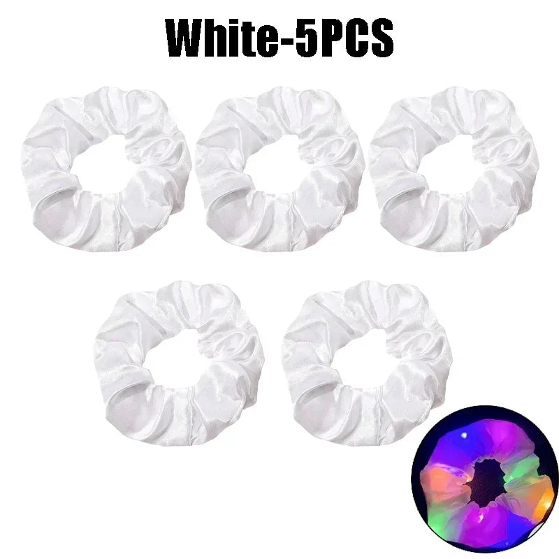 LED Light-Up Scrunchies – Satin Elastic Hair Bands for Parties LED Hair Scrunchies Babs White-5PCS