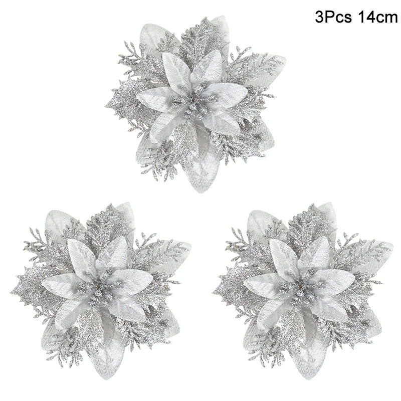 3pcs Glitter Artificial Christmas Flowers Berry Xmas Tree Decor Christmas Tree Ornament Babs Silver