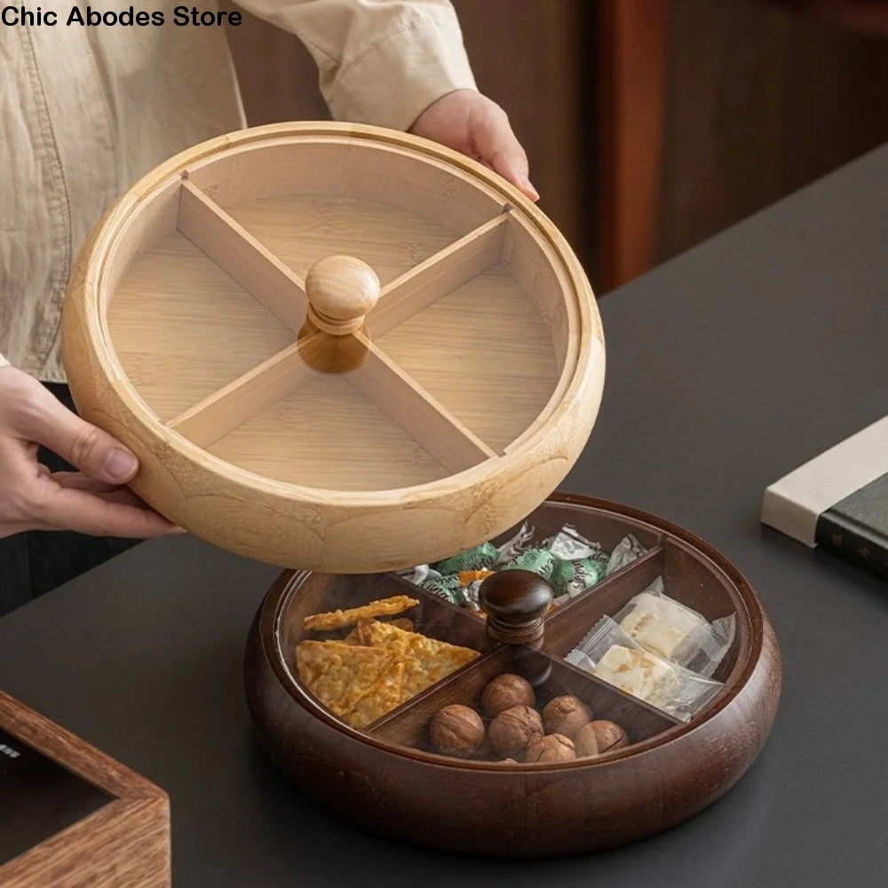 Round Wooden 4-Compartment Snack Serving Tray – Retro Nut Platter Snack Serving Tray Babs