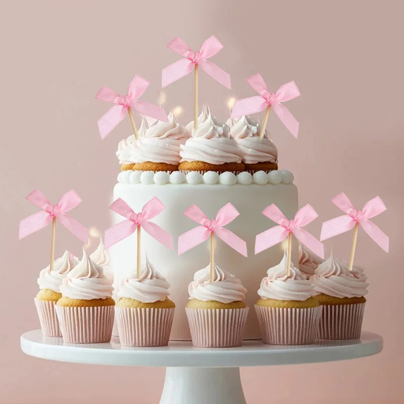 12Pcs Pink Bow Cupcake Toppers – Birthday & Baby Shower Decor Cupcake Toppers Babs