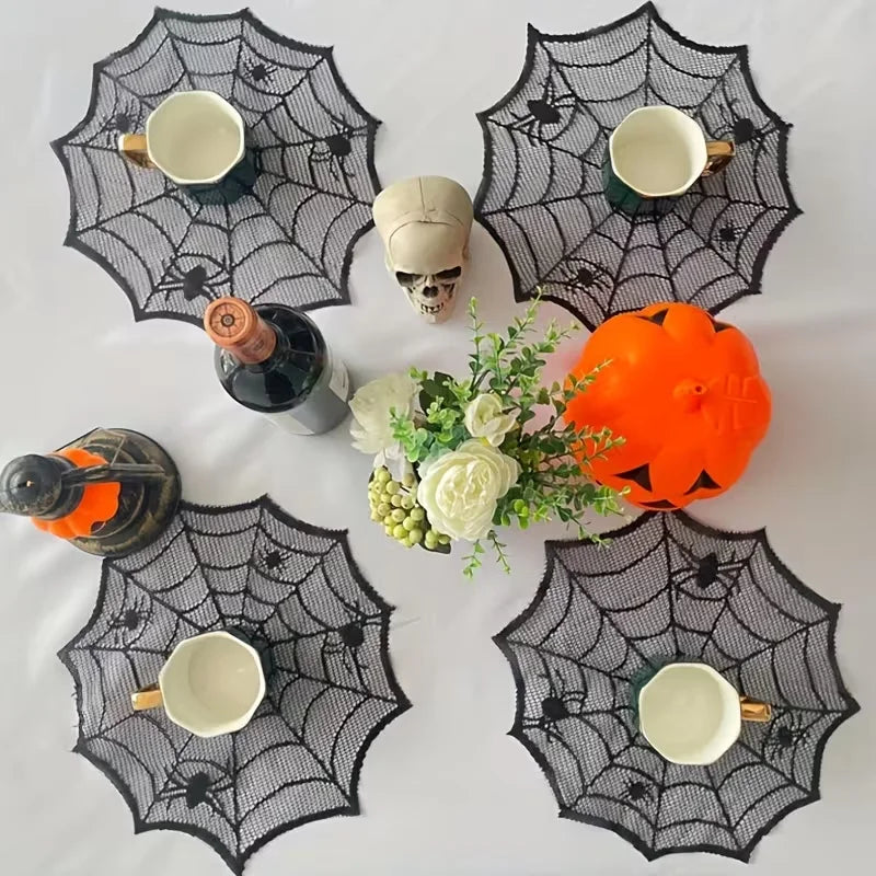 4pcs Halloween Spider Web Black Lace Placemats | Table Decor Halloween Placemats Babs