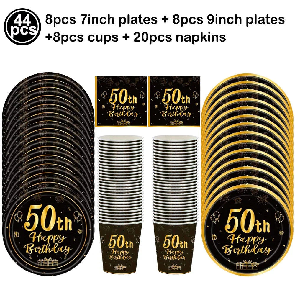 50th Birthday Party Tableware Set – Black & Gold Disposable Party Tableware Babs cutlery setB