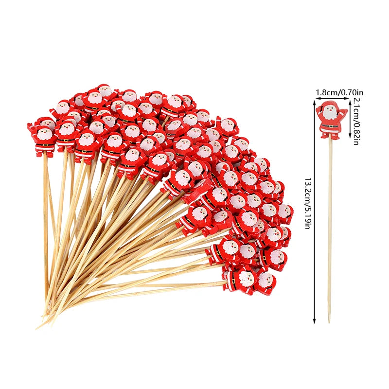 100Pcs Christmas Bamboo Food Skewers & Cupcake Toppers Holiday Party Picks Babs