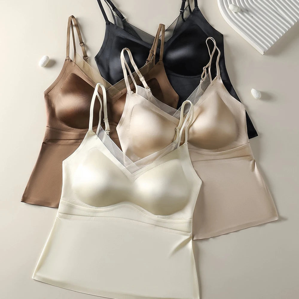 Women's Satin Crop Camisole with Built-In Bra – Backless V-Neck Satin Camisole Top Babs