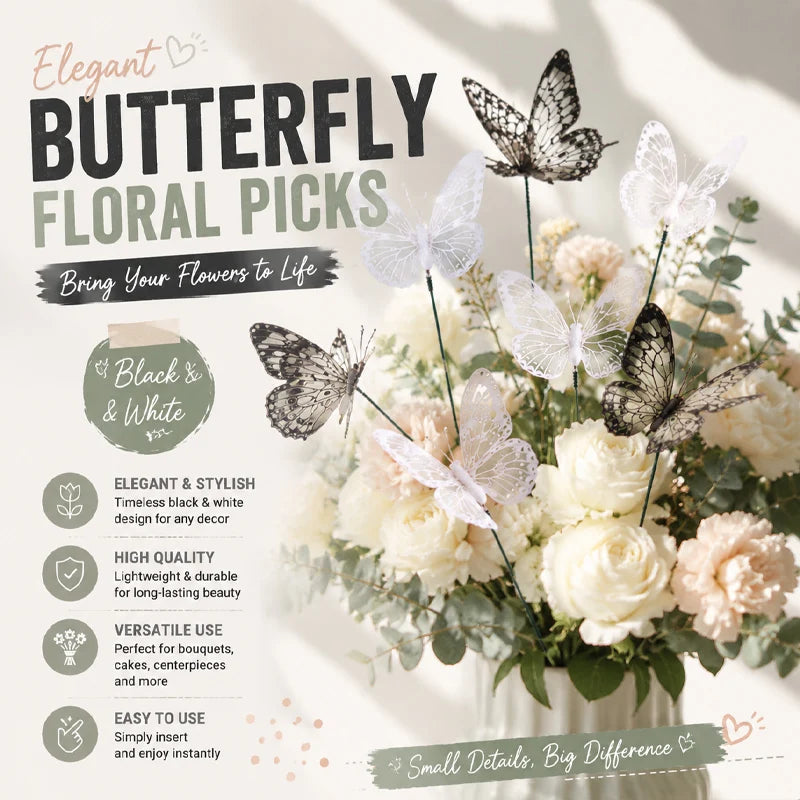 25pcs Black White Butterfly Garden Stakes – Transparent Wings 8cm Garden Decor Stakes Babs