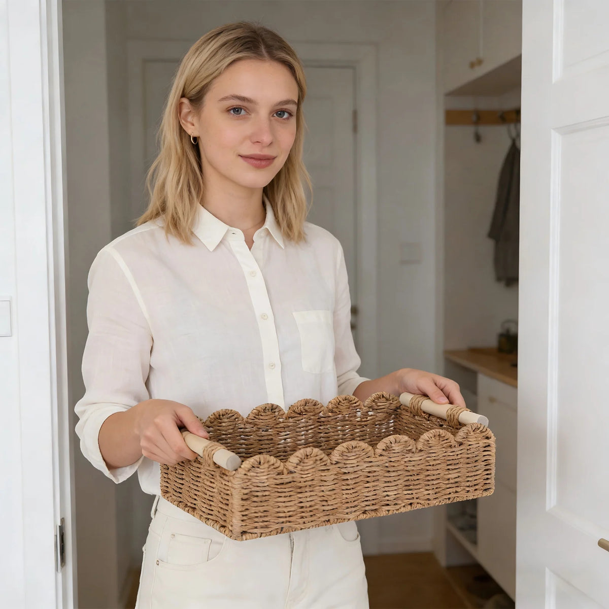Scalloped Paper Rope Storage Basket with Wooden Handles Woven Storage Basket Babs
