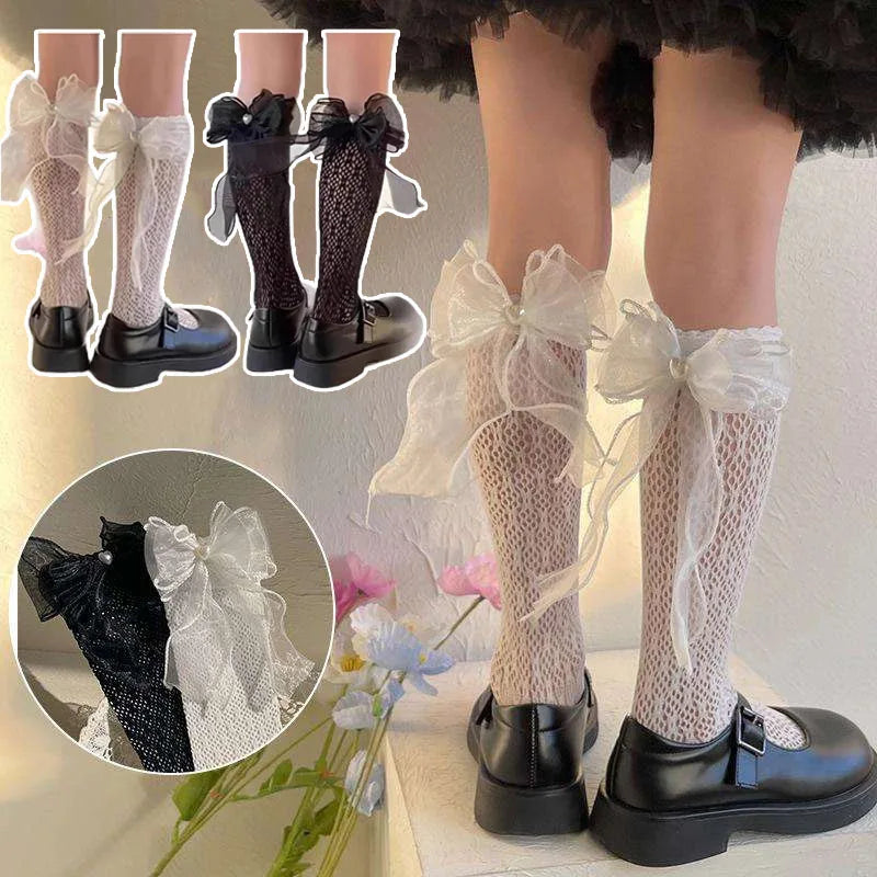 Girls Lace Bowknot Knee High Stockings – Princess Socks Girls Knee High Socks Babs