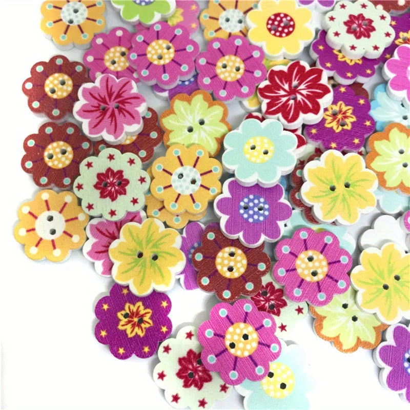 100pcs Painted Flower Wood Buttons – Mixed Colors for Crafts Wooden Craft Buttons Babs