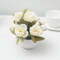 Artificial Silk Rose Bonsai Pot | Autumn Flower Vase Home Decor Artificial Flower Decor Babs White