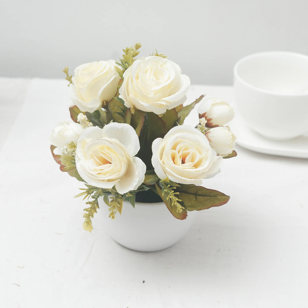 Artificial Silk Rose Bonsai Pot | Autumn Flower Vase Home Decor Artificial Flower Decor Babs White