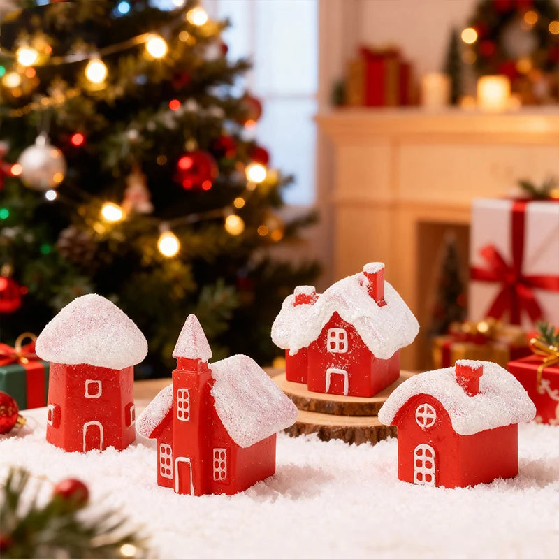 4pcs Christmas Village Resin Figurines – Snowy Miniature Houses Christmas Village Figurines Babs
