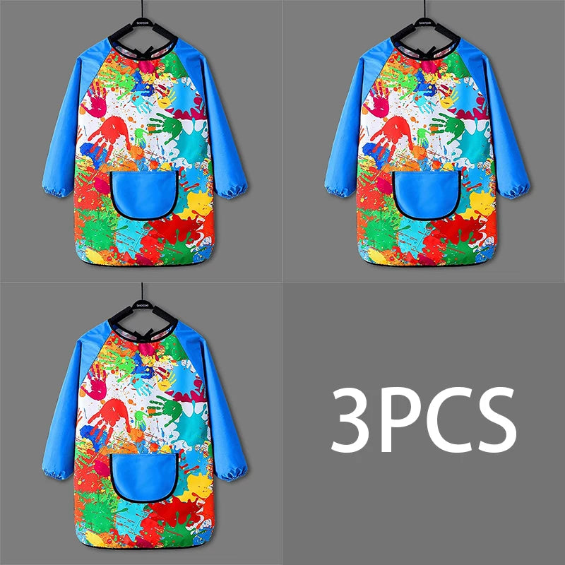 Kids Waterproof Long Sleeve Art Apron – Cartoon Paint Smock Kids Art Apron Babs 3pcs Blue XL(M)